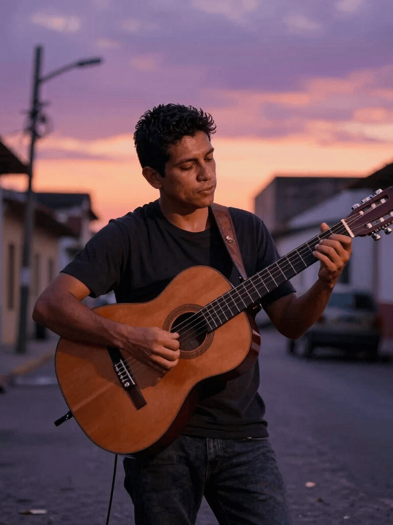 A wide photography shot of a musician playing an acoustic guitar in an urban South American / Venezuelan setting during sunset, warm salmon and deep purple lighting, authentic and emotional atmosphere.