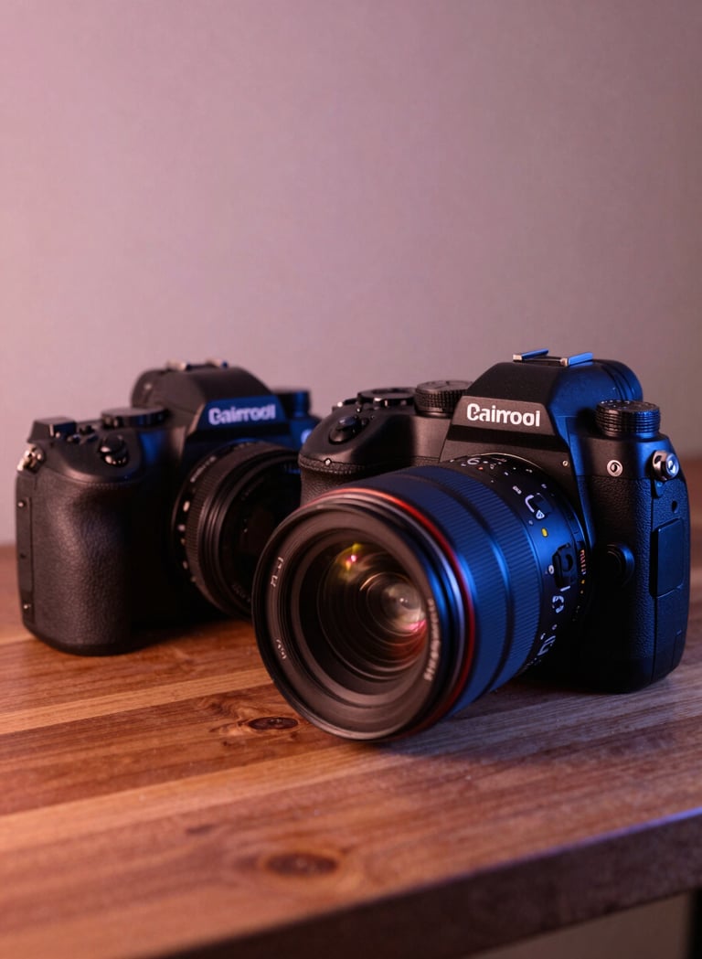 Close up photography of two professional cameras sitting on a wooden table in a North American / US studio. The lighting is artistic with soft dusty rose highlights and deep navy blue shadows. The vibe is warm and professional.