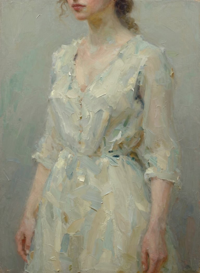 An elegant, close-up oil painting detail showing textured brushstrokes in shades of #6B705C sage and #C8C0B2 beige. The lighting is soft and cinematic, highlighting the physical depth of the paint on canvas in a contemplative, sanctuary-like style.