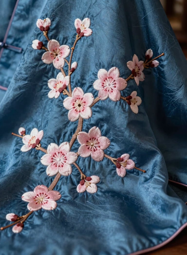 A close-up photograph of a luxury textile detail from the Sa-Koi collection, featuring indigo-dyed silk and delicate cherry blossom embroidery in soft pink, cinematic side-lighting, set in a East Asian / South Asian influenced for a global luxury audience studio.