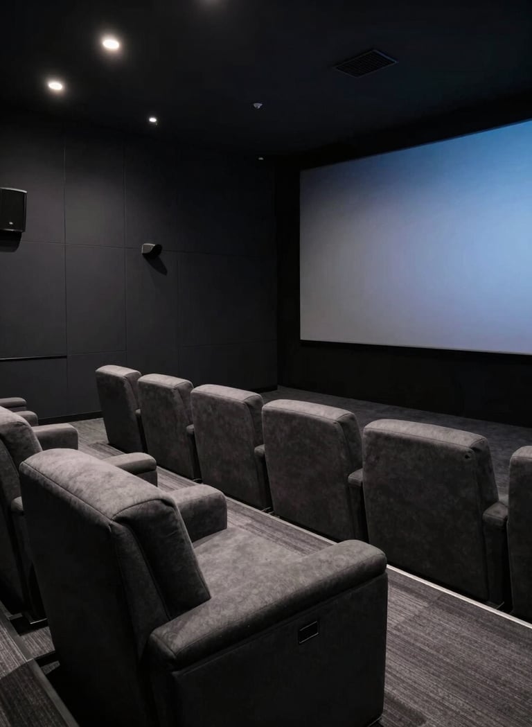 A sleek, modern private screening room in a North American film office, deep charcoal black walls, plush seating, and subtle muted blue gray ambient lighting.