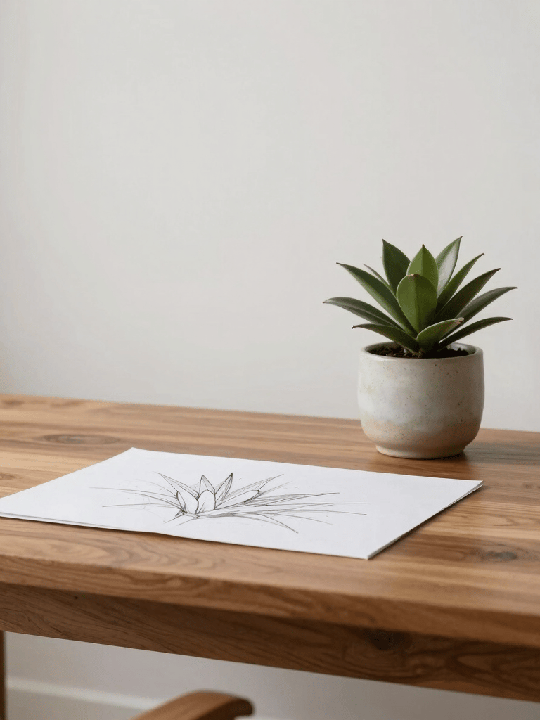 A designer's organized minimalist workspace in a bright South American Brazilian apartment. A sleek wooden desk holds a single sketch and a small olive green plant in a ceramic pot. Calm, professional, and clean composition.