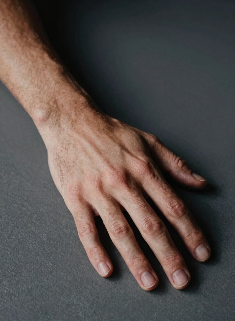 A minimalist, high-contrast close-up photograph of a Northern European / Dutch athlete's hand resting on a charcoal grey surface. Soft, moody lighting highlights the skin texture and a sense of calm. Premium editorial photography style with deep shadows.