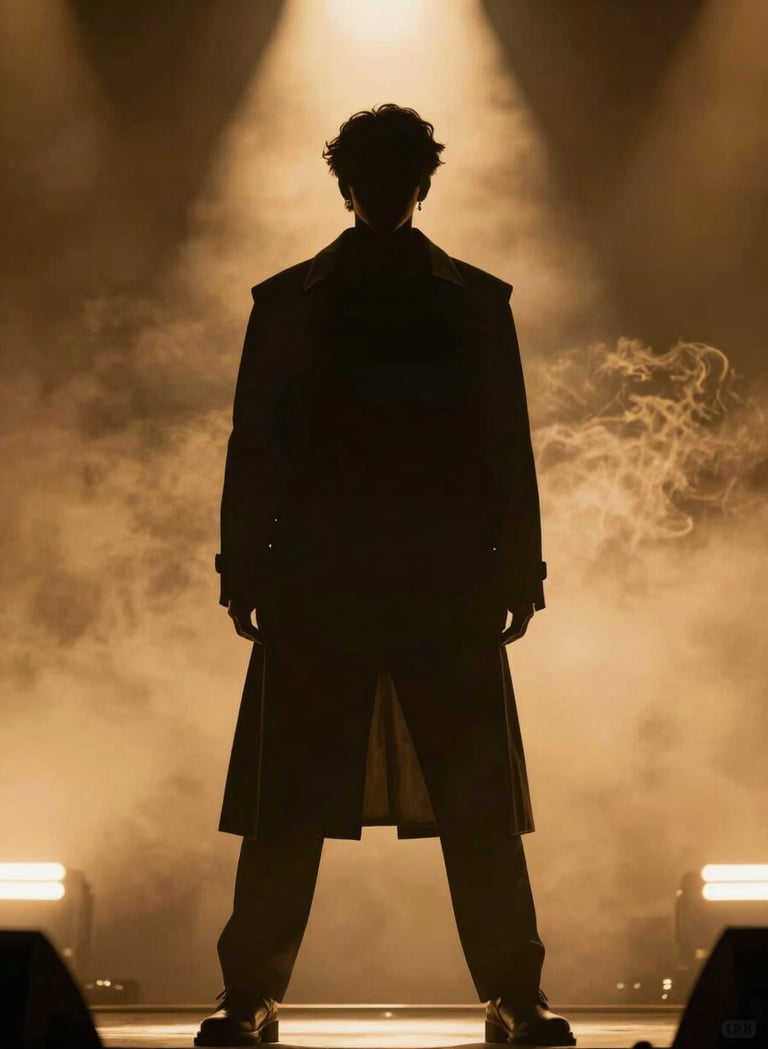 A sophisticated silhouette of P.E.P YLS on a stage flooded with warm golden light, creating a halo effect. The atmosphere is smoky and premium, using #0A0A0A shadows and #8D765D highlights to emphasize his powerful presence.