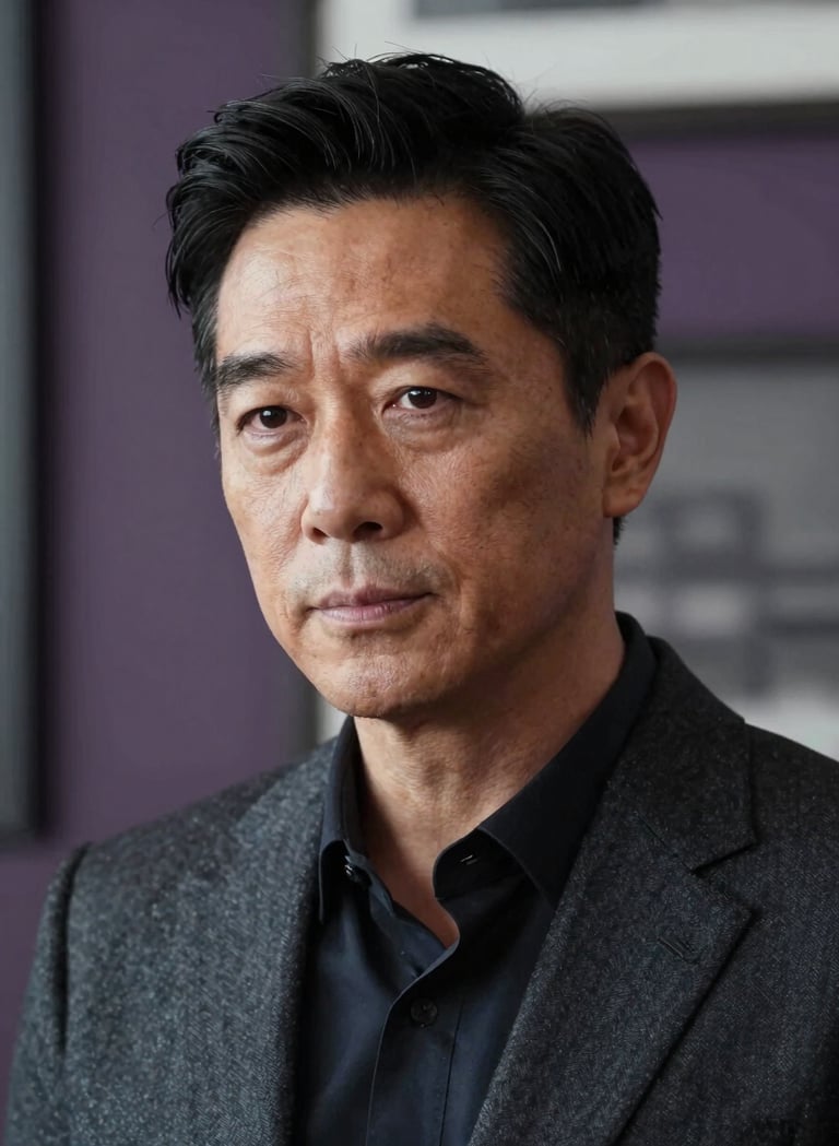 A cinematic close-up of a sophisticated actor in a North American / US urban setting. The lighting is soft and professional, highlighting a contemporary and elegant expression. The background features muted purple and grey tones of a high-end interior.