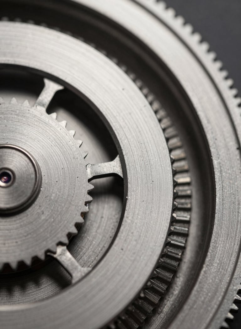 Macro photography of polished metal surfaces and intricate clockwork, featuring light silver grey and deep charcoal black tones, sharp focus, professional commercial style in a Central European / German setting.