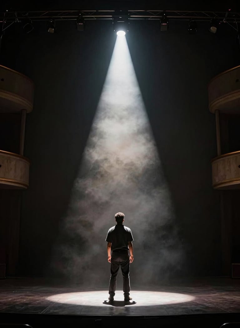 A wide cinematic shot of a stage in a South American / Colombian theatre. Dark charcoal environment with smoke effects. A single bright off-white spotlight illuminates a man from behind, creating a strong silhouette against the dark background.