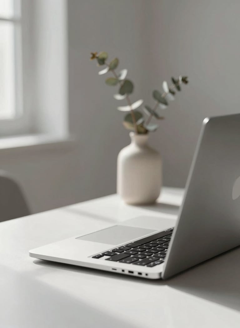 A high-end, minimalist lifestyle shot of a designer's desk with a sleek metallic laptop, soft shadows, and a single sprig of dried eucalyptus in a matte ceramic vase. Natural, soft daylight from a side window. Palette: #F8F5F2, #D8D8D8, #8E8E8E.