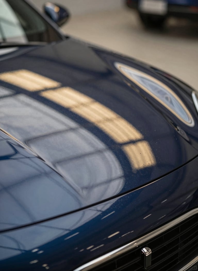 Close-up of a specialized PDR light board reflecting parallel gold and white lines on a car's curved body, showing the precision used to detect imperfections, professional lighting, navy blue car paint.