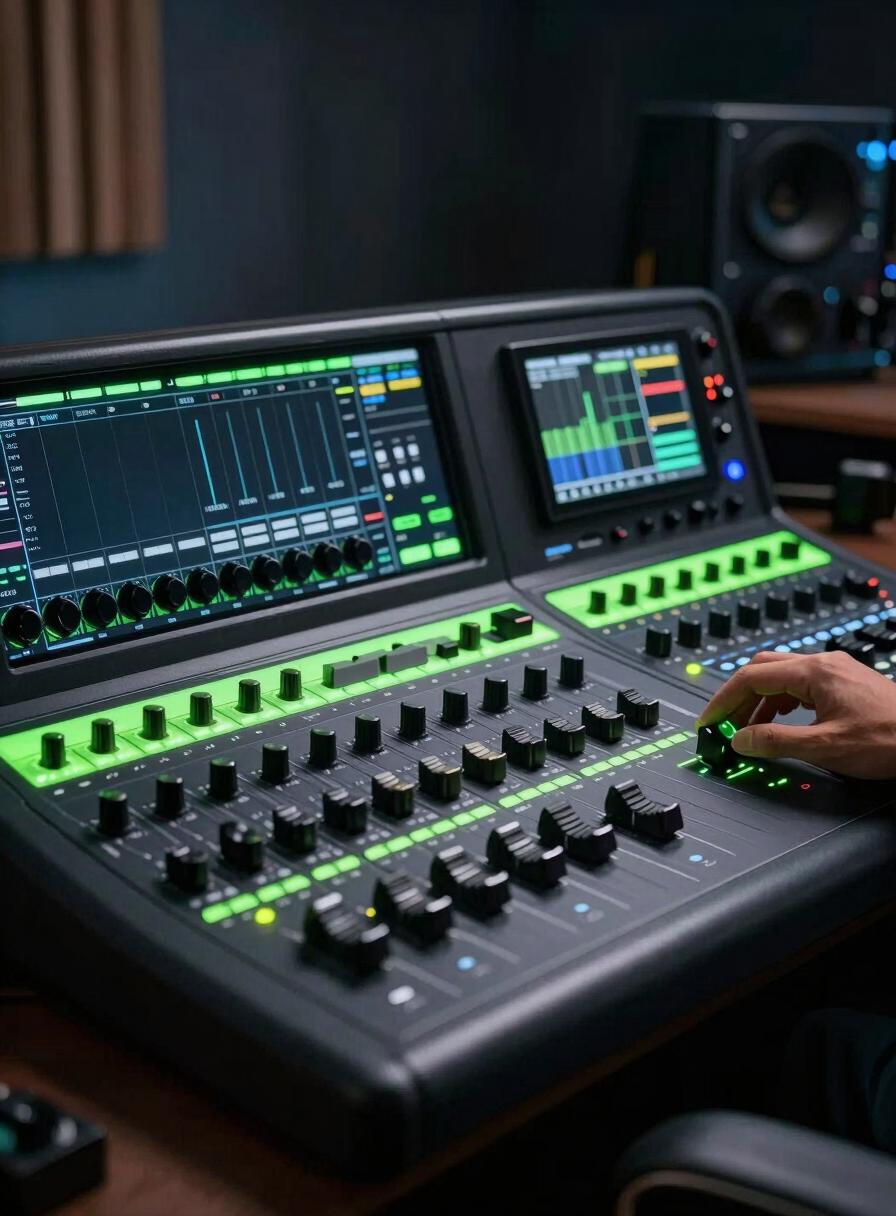 A cinematic high-resolution shot of a professional video editing console in a dark Brazilian studio, featuring sleek black hardware and glowing neon green accents from the monitor light.