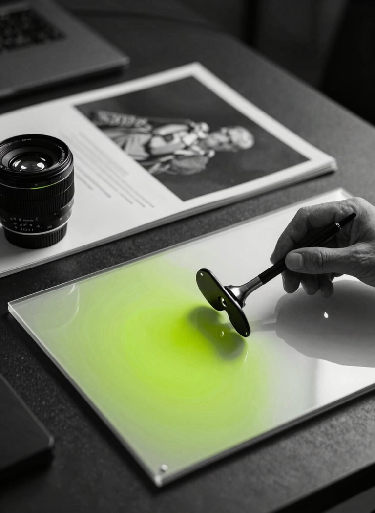 Artistic black and white photography of professional design tools on a dark desk, with a subtle vibrant lime green reflection on a glass surface, projecting a contemporary and artistic senior art director vibe.