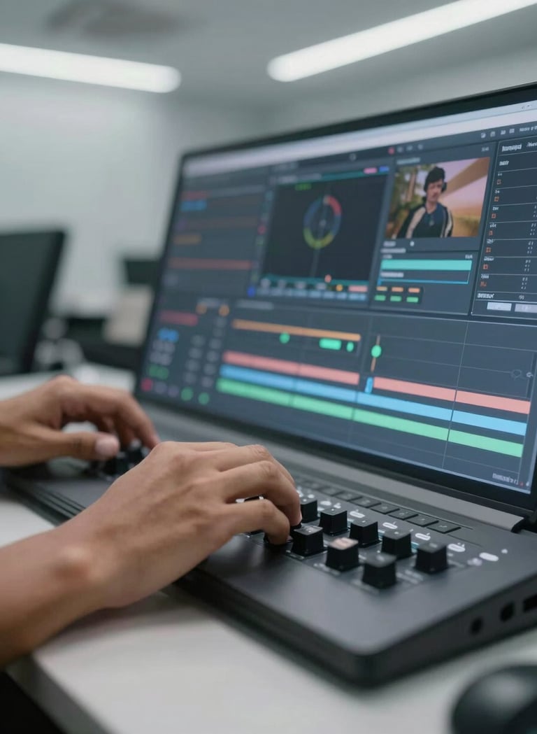 Close-up photography of a professional video editing suite. A South American / Brazilian hand is visible operating a sleek interface. The environment is modern and clean with cool light gray tones and soft ambient lighting.