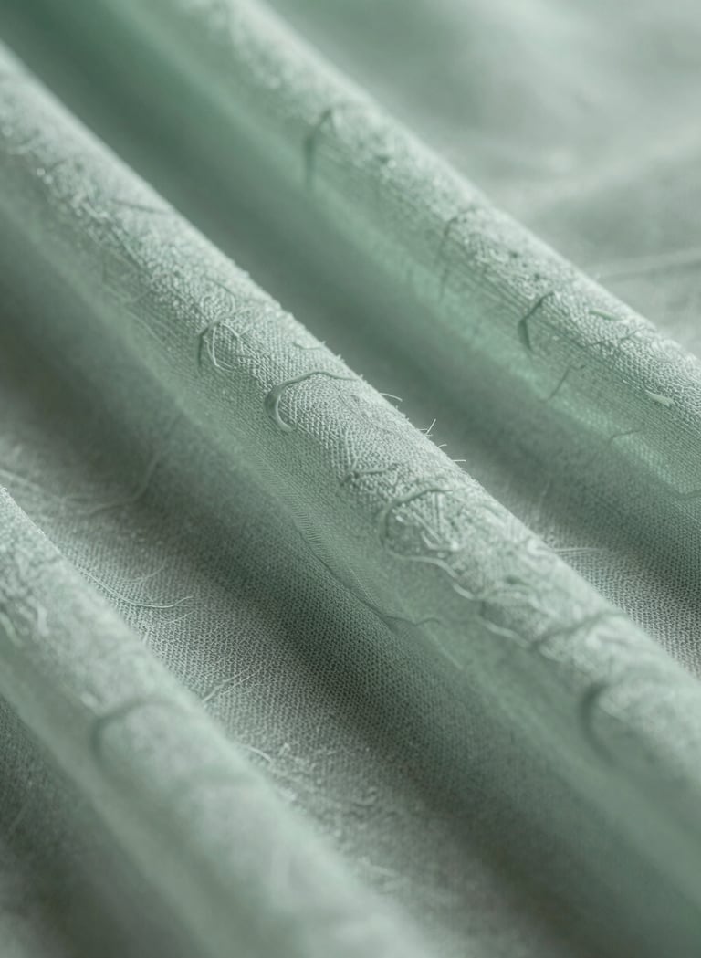 A macro close-up photograph of layered semi-transparent silk. The texture resembles a biological cell membrane. The colors are muted sage green and pale celadon. Soft, diffused lighting highlights the delicate weave.