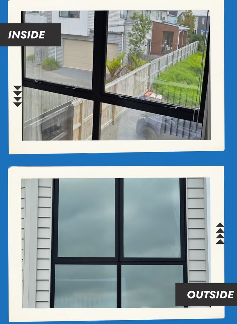 Inside and outside view of home window with privacy film tint installed.