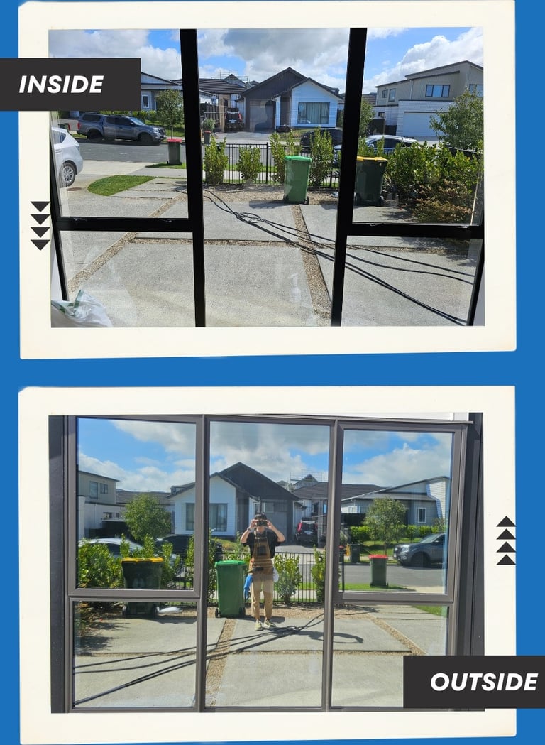 Before and after comparison of privacy window film showing the view from inside and outside a home.