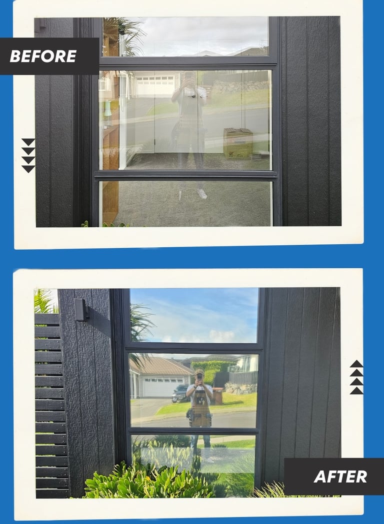 Before and after comparison of residential house after installing privacy window film