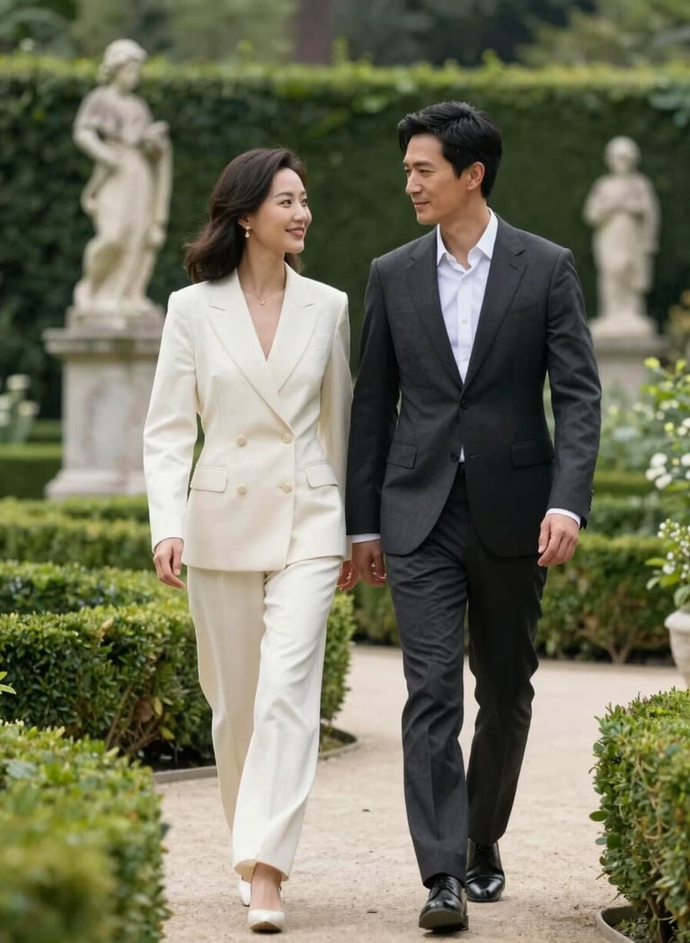 An elegant candid portrait of a couple in a North American / European setting, walking through a manicured garden. They wear sophisticated, clean off-white and dark charcoal attire. The background is lush with deep greens and stone statues.