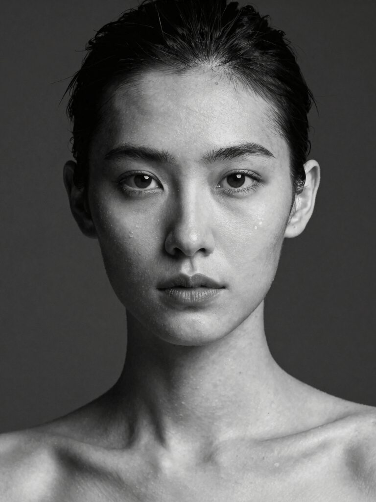 A minimalist black and white studio portrait of a professional model looking directly at the camera with a neutral expression, sharp contrast and soft backlight, International / Professional style.