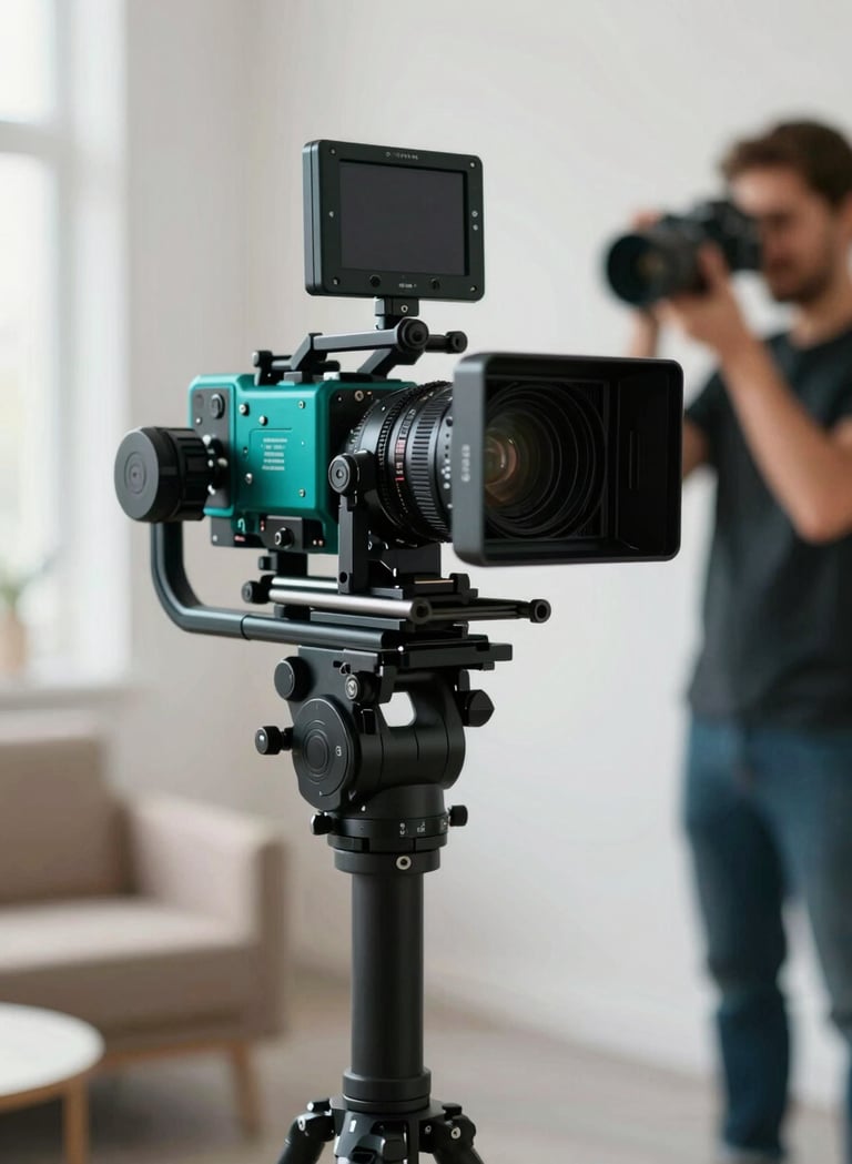 A high-end cinema camera on a stabilizer in a modern, brightly lit studio. The lighting highlights textures in teal (#1A5E63) and deep shadows (#0B1E22). In the background, a fashion photographer is visible, maintaining a professional yet cozy Scandinavian atmosphere.