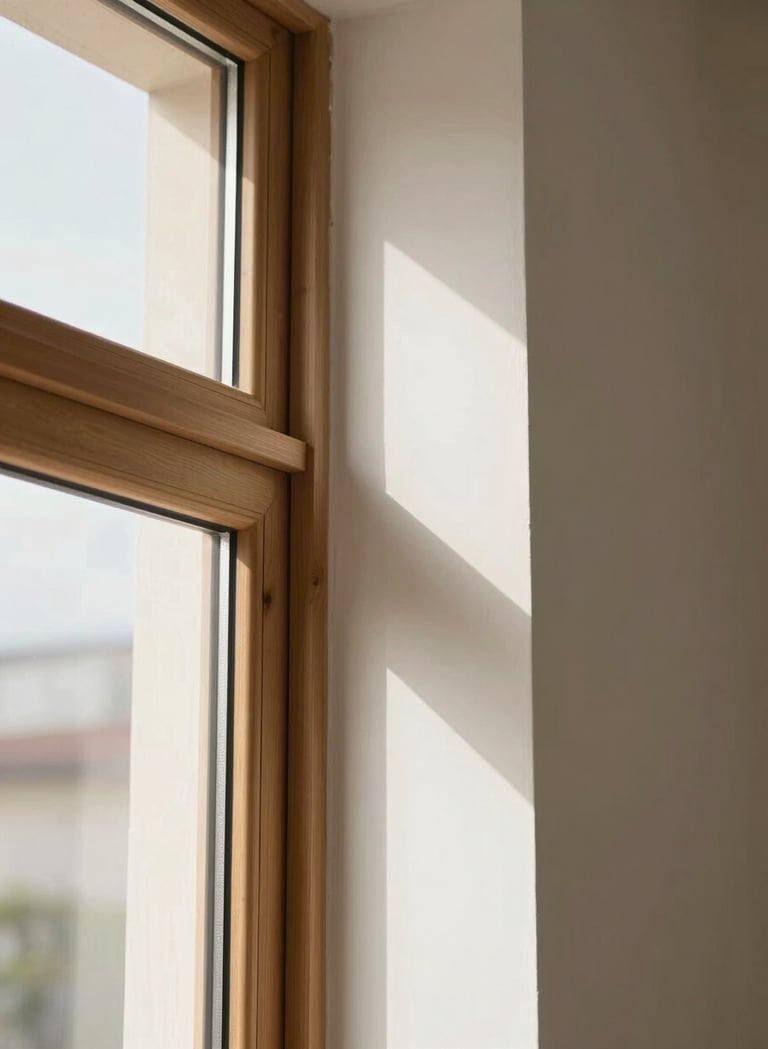 Close-up architectural detail of a window junction. Natural wood grains of the frame meet smooth off-white plaster (#F9F6EE). Bright, dappled sunlight hits the surface, emphasizing the precision of the technician's work. Warm, clean, and professional.