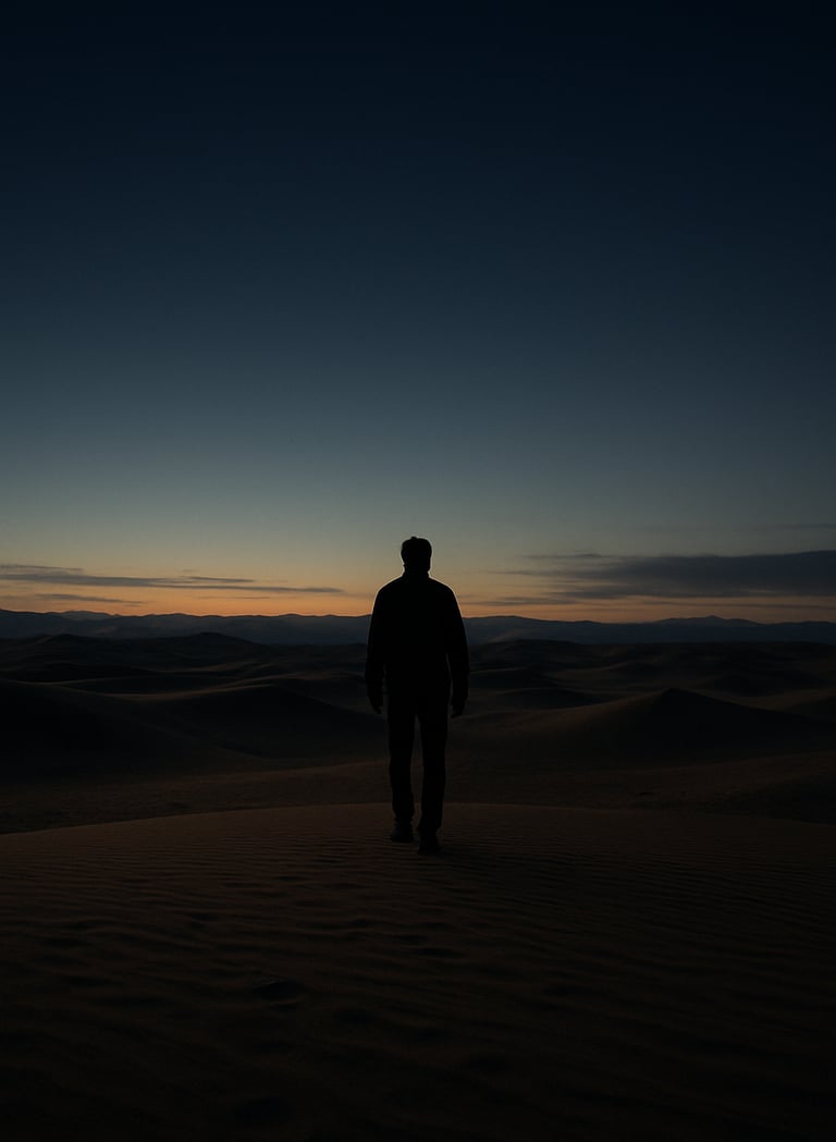 A wide-angle cinematic shot of a sprawling desert landscape under a deep twilight sky, featuring a lone protagonist silhouetted against a muted sand and dark grey horizon. Professional photography, North American / International setting.