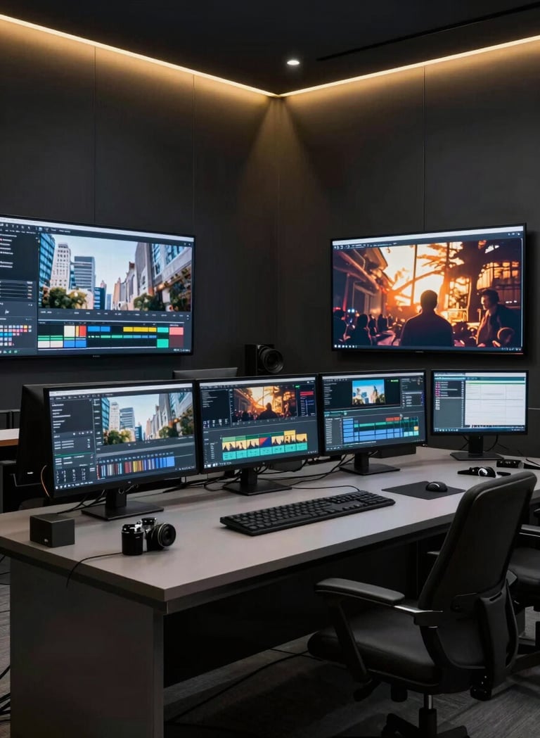 A high-end post-production suite in a Global / Western city. Minimalist design with dark charcoal walls and gold accent lighting. Large glowing monitors show vibrant cinematic video edits. The atmosphere is professional, sleek, and high-tech.