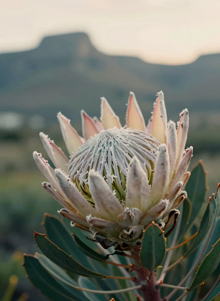 An artistic, sharp-focus macro photograph of a Cape Protea flower in the wild. The background is a soft-focus blur of South African mountains under a warm sky, incorporating muted sea green and off-white colors.