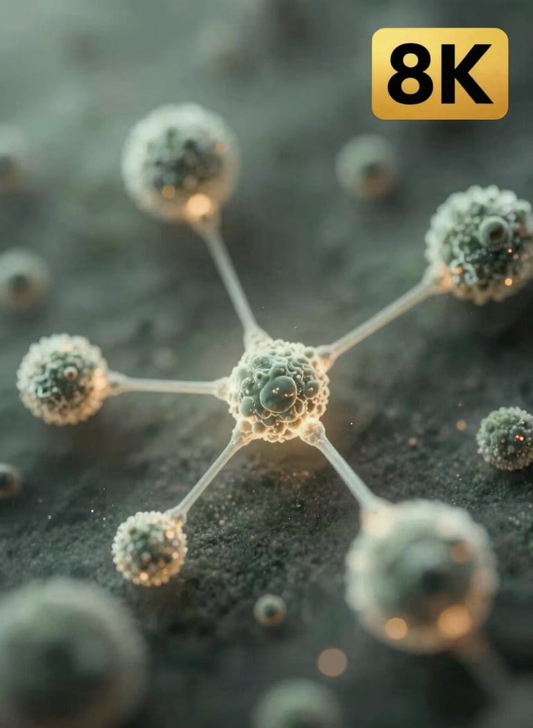 Cinematic, microscopic zoomed-in view of glowing particle paths resembling boson interactions, trailing light through a charcoal and sage mist atmosphere.