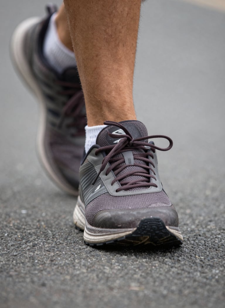 Close-up macro shot of running shoes hitting the pavement. You can see the texture of the road and the motion blur of the speed. The palette is dominated by #403B3B and #8C847E, emphasizing the grit and discipline of the sport. Sharp focus on the laces.