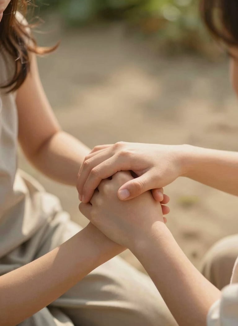 A close-up, candid detail shot of a mother and daughter's hands intertwined while sitting in a garden. The lighting is warm and sun-drenched, emphasizing the genuine emotion of the moment. Soft Sand background tones and a cinematic shallow depth of field.