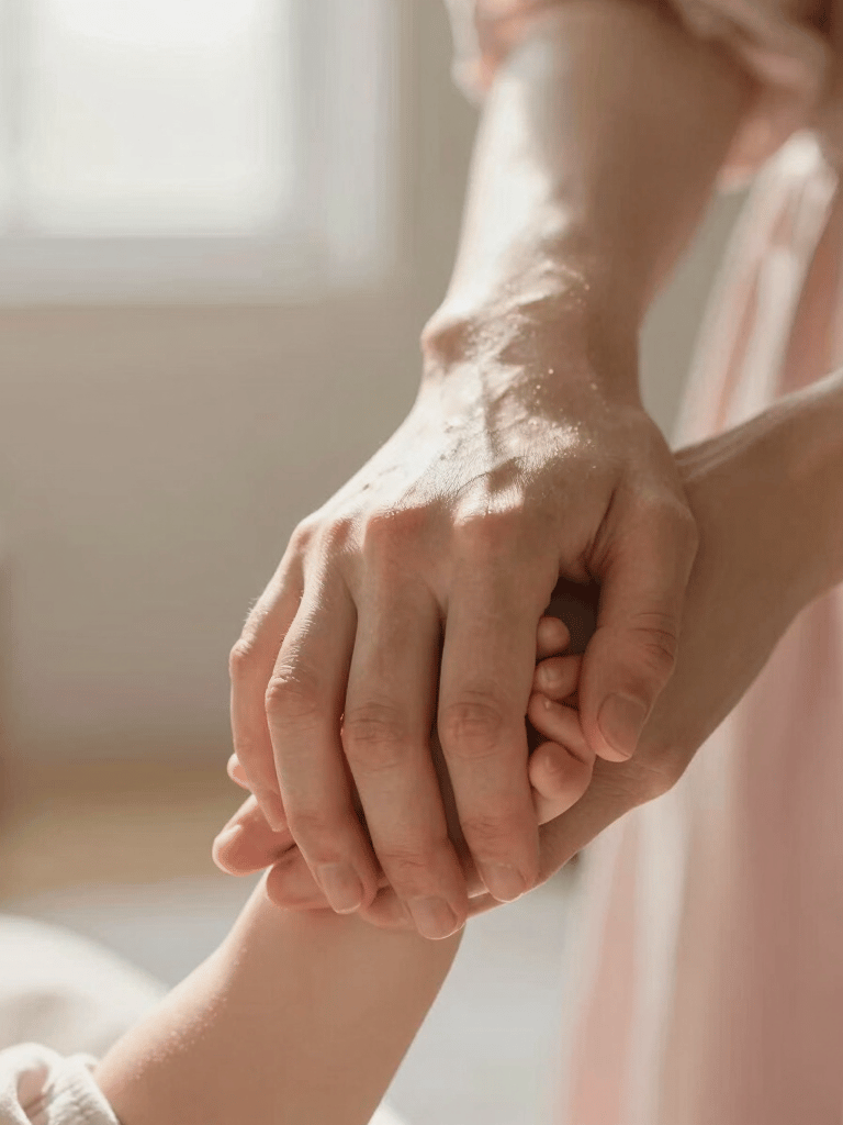 A close-up detail shot of a mother’s hand gently holding a child’s hand, captured in a sunlit West Michigan home. The lighting is warm and soft, emphasizing the intimacy and delicate textures of the skin. The color palette is filled with muted rose and light cream tones, creating an elegant and emotional atmosphere.