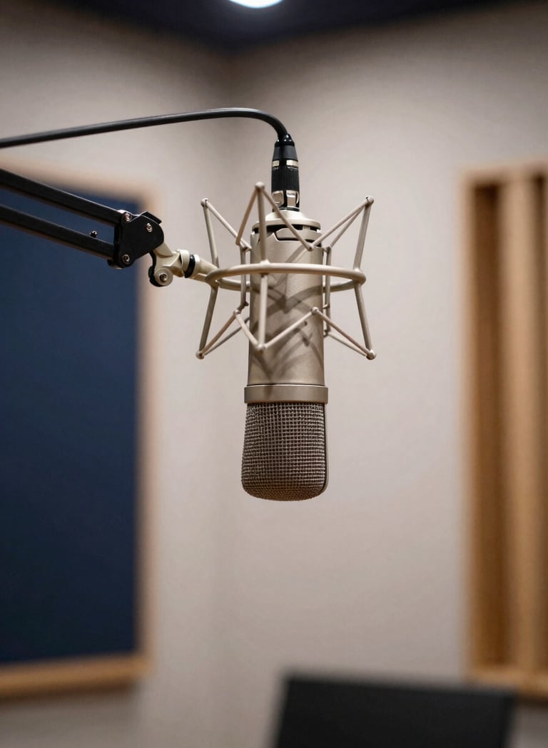 A professional studio microphone on a boom arm in a dimly lit recording booth in a Southern European studio. The atmosphere is sophisticated with hints of muted blue and off-white light catching the metallic textures. High-end equipment, professional photography.