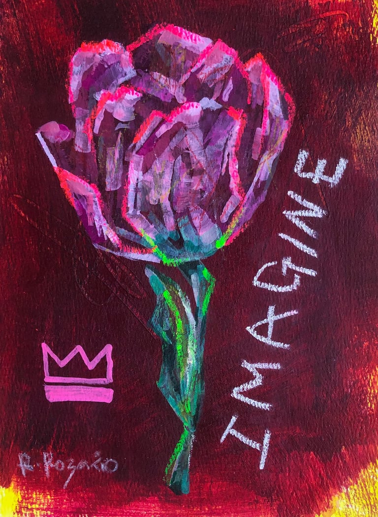 a painting of a flower with acrylic, color pencils and oil pastels on primed paper