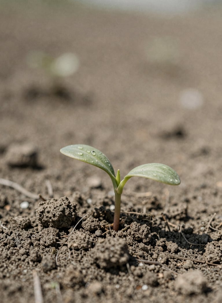 A blurry, artistic shot of a small sprout pushing through dry earth. Muted colors of soft charcoal (#3E352B) and dusty brown (#8C735F). Film grain is heavy, creating a zine-like aesthetic. Natural lighting.
