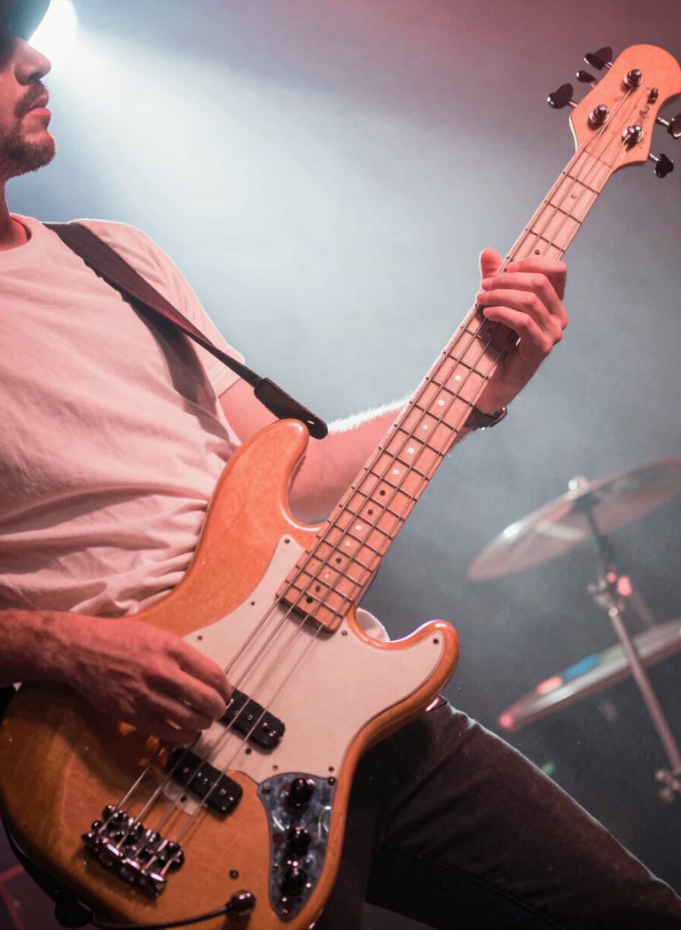 An action shot of a musician's hands playing a bass guitar during a live set in a International / English-speaking club. Lighting is a mix of Vibrant Coral and Soft Cloud White, capturing the energetic and dynamic movement of the performance.