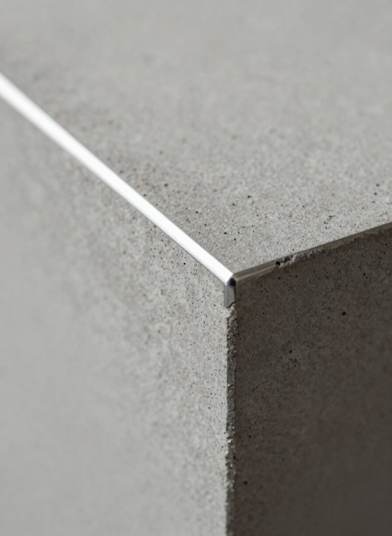 Detail macro photography of polished concrete texture and light silver metal joints. Soft natural light, minimalist and artistic, capturing the tactile quality of high-end materials in a Northern European setting.