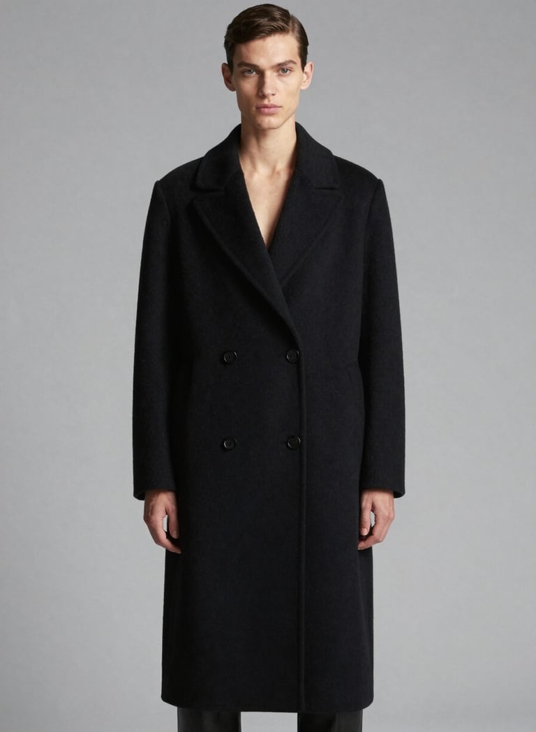 High-end fashion editorial shot of a model wearing a structured black wool coat, standing against a soft gray #D0D0D0 background. Minimalist composition, sharp shadows, and elegant lighting, embodying artistic craftsmanship and a sophisticated vibe.