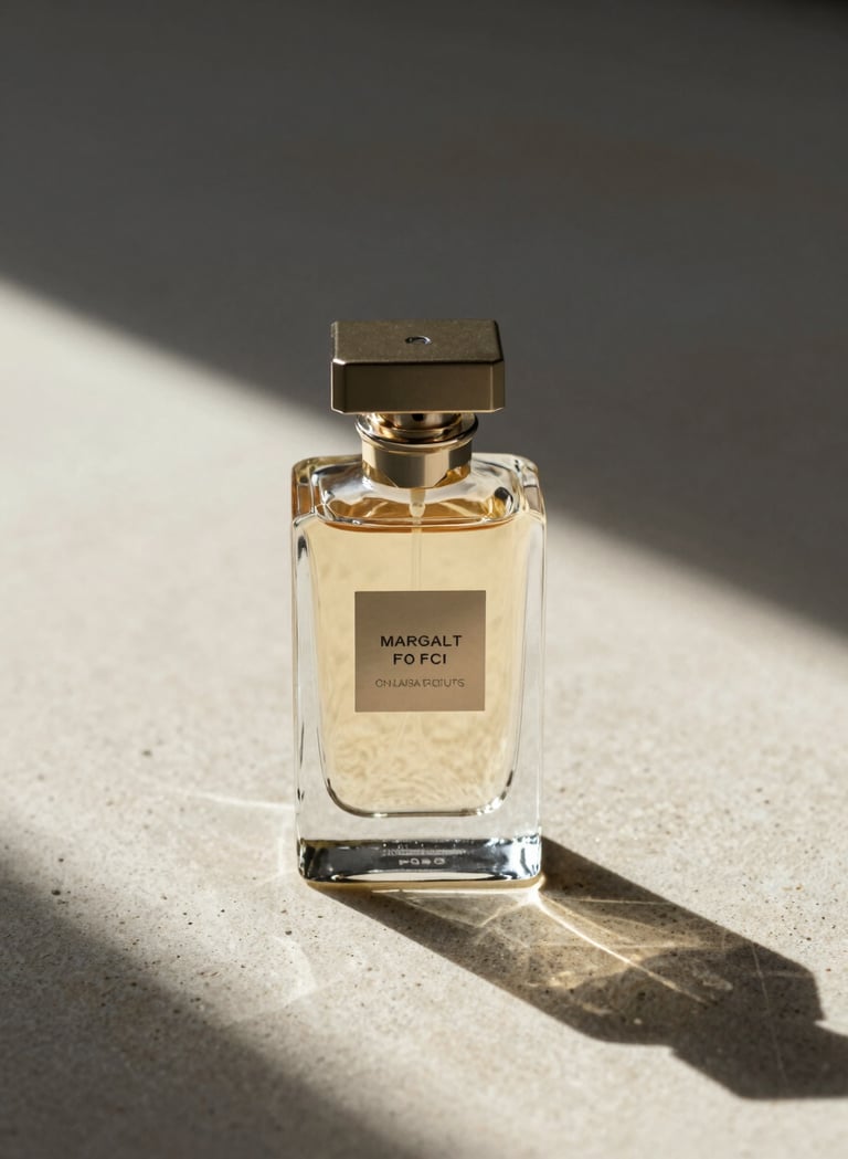 A sophisticated commercial product shot of a luxury perfume bottle. The lighting is very hard and directional from the side, creating long, sharp shadows on a sand-colored stone surface. The style is inspired by Baroque Chiaroscuro. Palette includes #363131 shadows and #F8F4ED highlights.