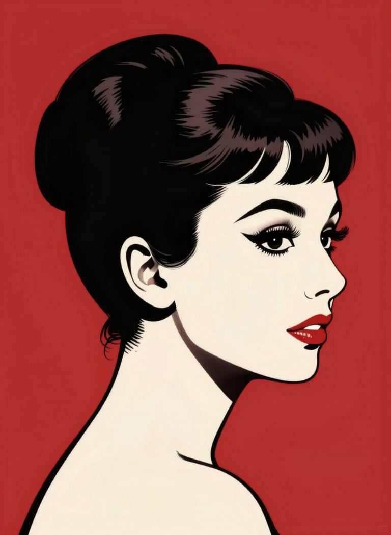 A graphic illustration of a woman's profile, reminiscent of Anna Karina, rendered in a 1960s comic book style. Large #1A1A1A black shadows, #FDFDF5 off-white skin tones, and a vibrant #D4202B red background. Sharp, clean lines with a subtle halftone screen effect.