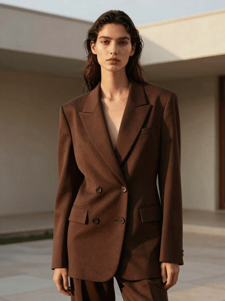 An elegant, intimate portrait of a model in a sophisticated, flowing structured blazer of deep chocolate brown, standing in a serene Brazilian modernist architectural patio. Soft golden hour light, clean minimalist lines, high-couture magazine cover aesthetic with a poetic and historic mood.