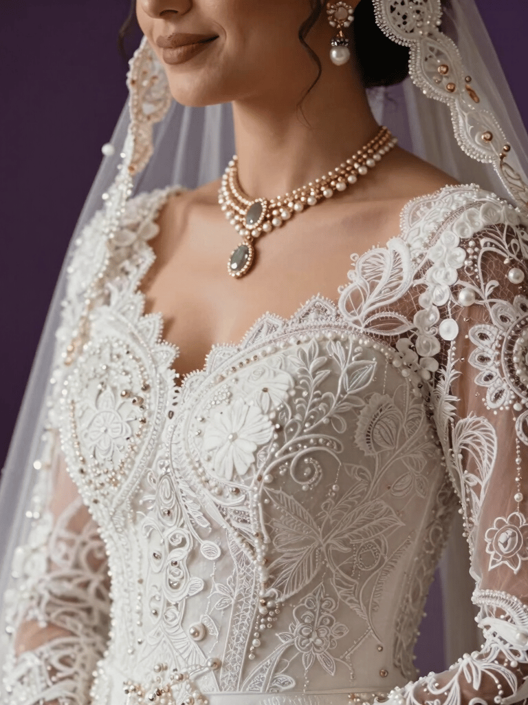 A close-up photography of a Middle Eastern bride's details, showing intricate lace on a white gown and delicate jewelry. The lighting is soft and golden, set against a luxurious dark purple background for a sophisticated contrast.