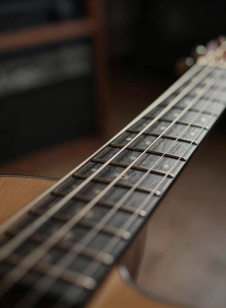 A close-up photograph of guitar strings in a professional North American / US recording studio. The lighting is low and moody, featuring dark charcoal shadows and warm grey highlights. The focus is sharp on the texture of the metal strings, with an artistic blur in the background.