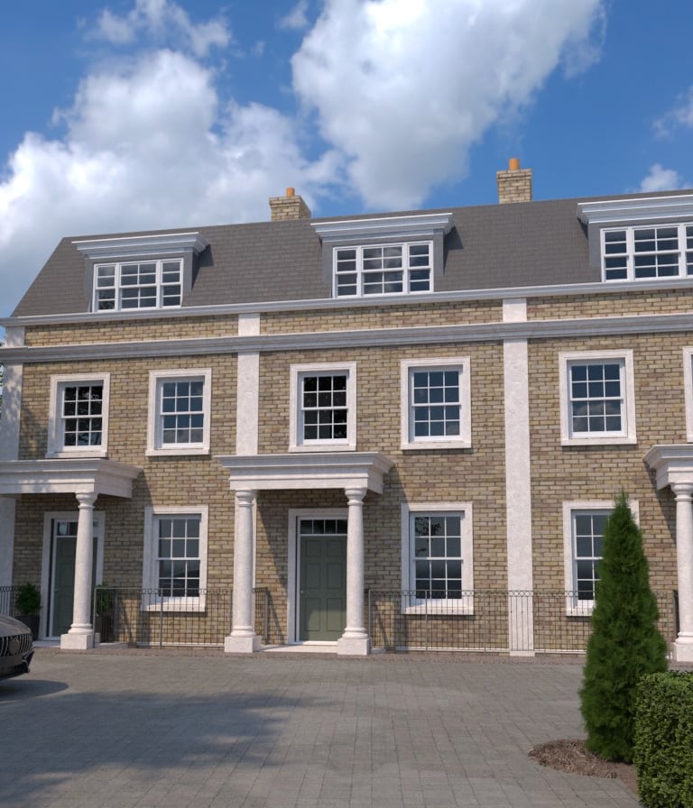 Luxury three-story brick townhouse with Georgian architecture, white columns. Residential 