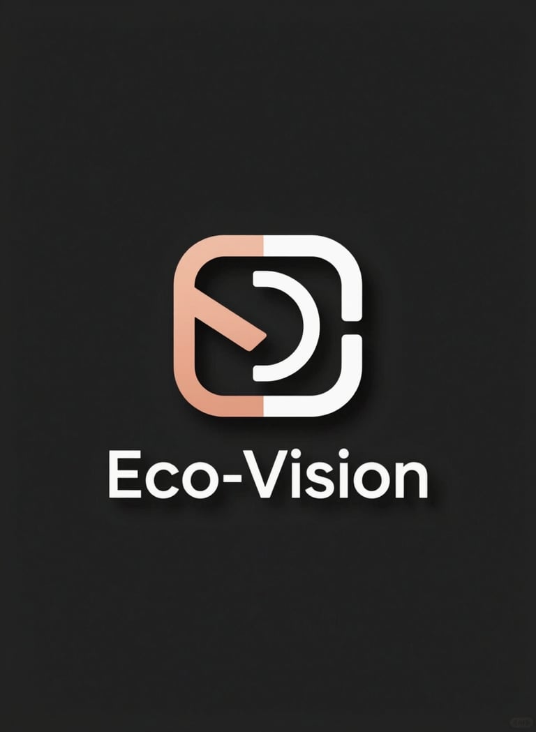 A minimalist, geometric logo design for Eco-Vision, centered on a dark background. The logo features clean lines and sophisticated modern typography. Lighting is soft and focused. Colors incorporate Platinum and Burnt Peach accents.