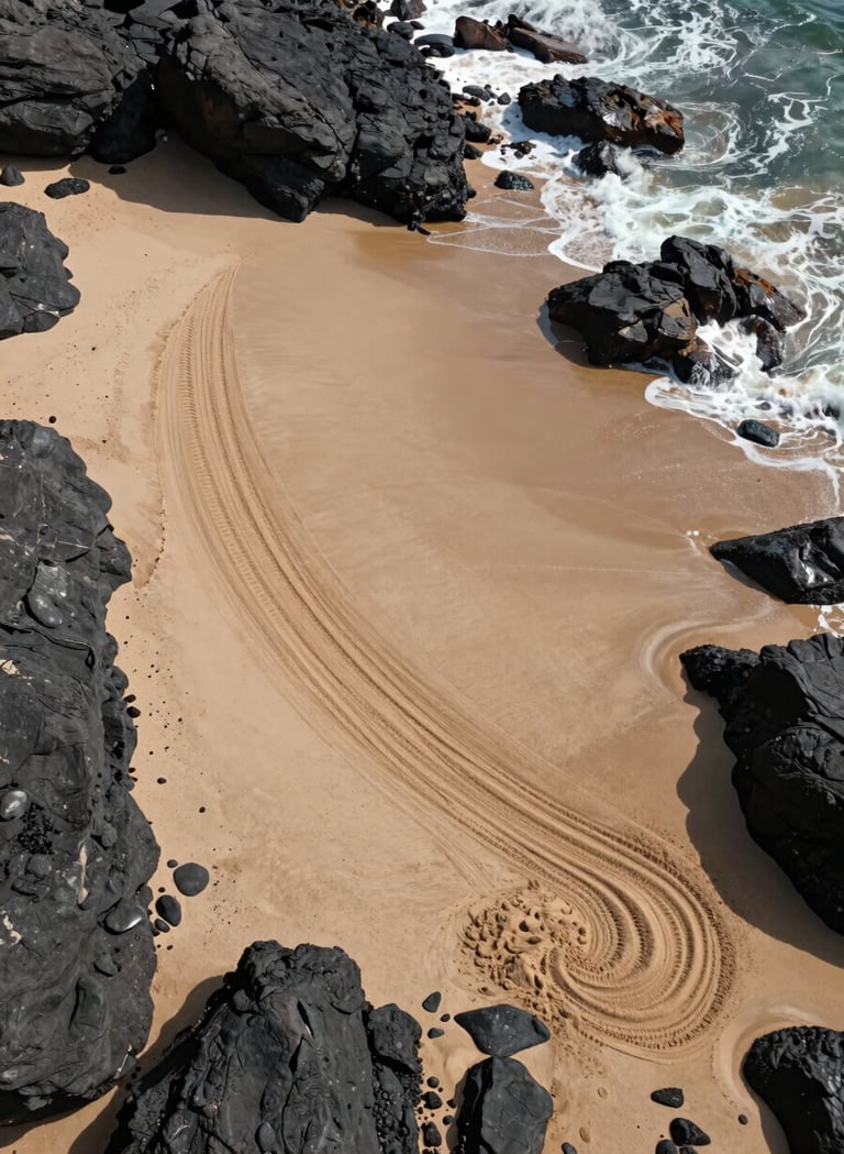 Top-down drone photography of a massive sand installation next to dark charcoal coastal rocks. The patterns in the soft sand are sharp and cinematic, contrasting with the foamy white surf of the sea.