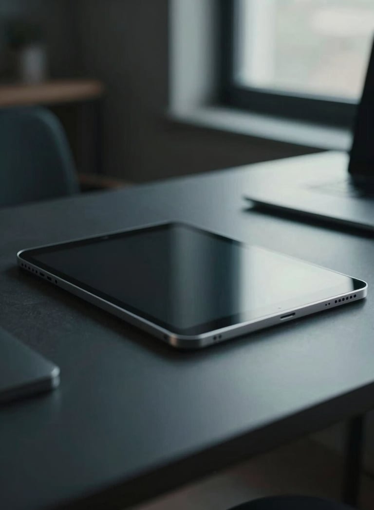 A close-up, cinematic photograph of a high-end, minimalist workstation in a North American / US loft. A sleek metallic tablet rests on a charcoal desk, reflecting soft, muted indigo light from a nearby window. The atmosphere is professional and restrained.