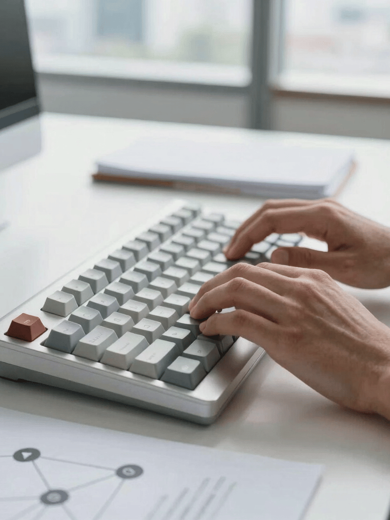 A close-up shot of hands typing on a mechanical keyboard in a bright, modern office with a white and clean aesthetic. A notebook on the desk shows neat diagrams of community networks and threat vectors. Soft daylight from a large window in Mexico City. High-end, professional, and intellectually rigorous.