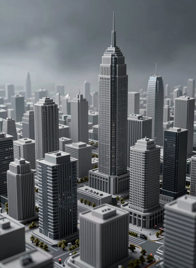 A professional wide-angle shot of a futuristic 3D city block model, inspired by North American / US urban design, rendered in deep slate and soft silver-grey with misty atmospheric lighting for depth.