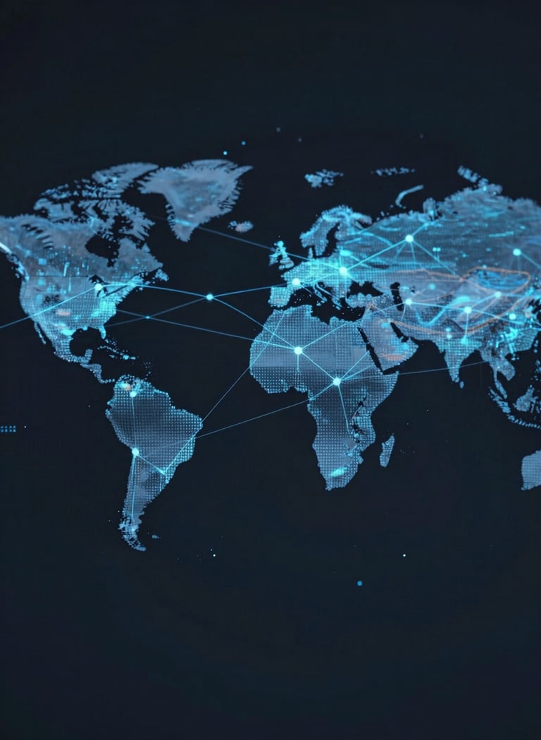 A sophisticated digital visualization of a global data network, featuring thin light blue lines connecting nodes across a dark slate background, conveying intellectual authority in tech analysis. The lighting is subtle and cinematic.