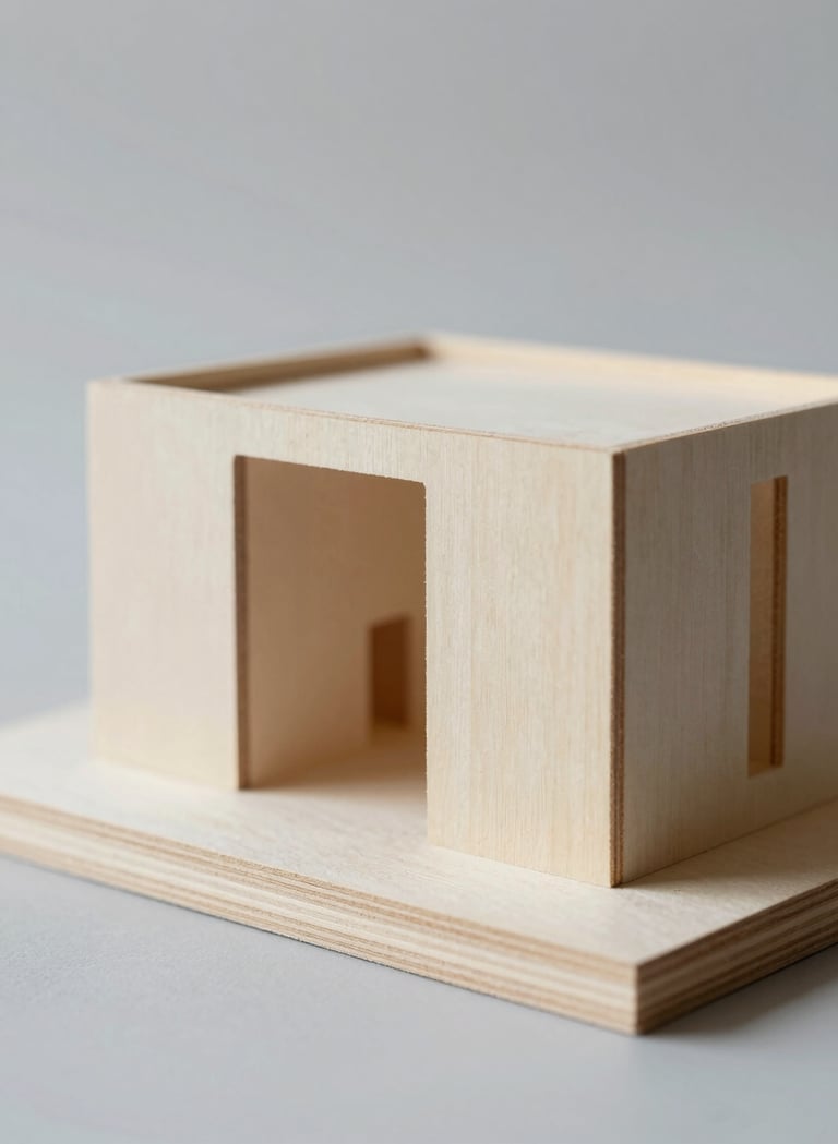 Architectural model made of balsa wood and clay, captured in soft morning light. The composition is minimalist, highlighting the texture of the materials. Professional architectural photography style with neutral tones (#F9F7F2) and charcoal shadows (#333333).